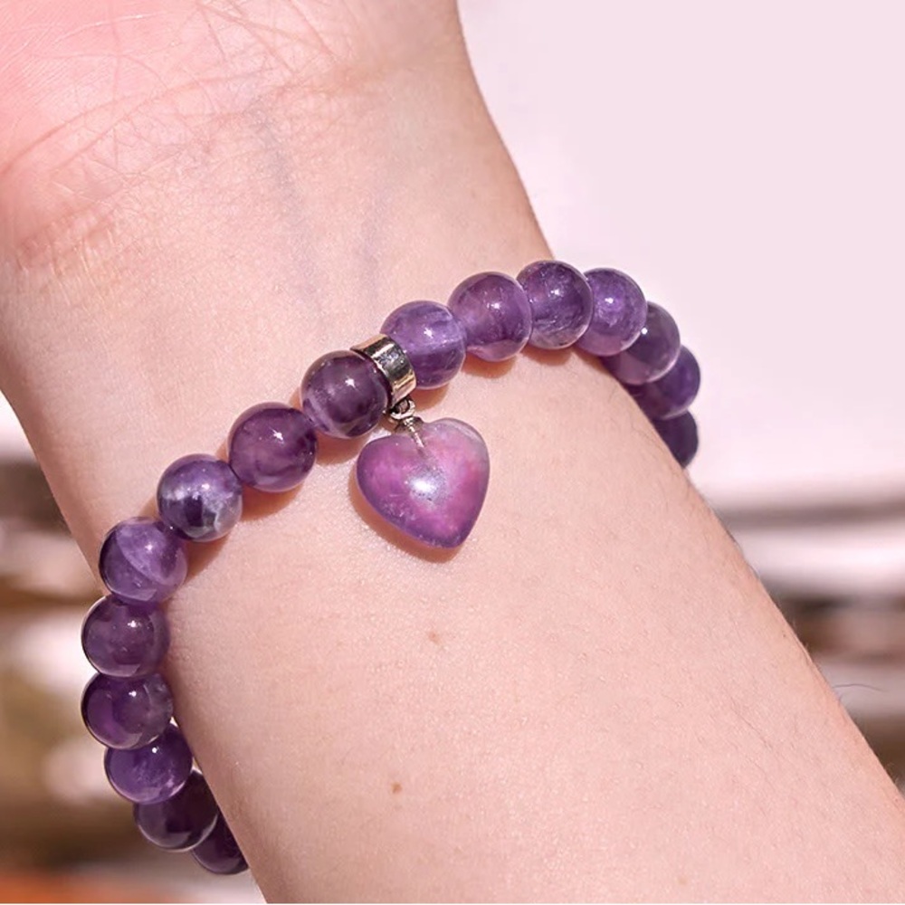 🆕New Intuitive Heart Amethyst Beaded Bracelet with Heart Charm - Picture 4 of 7